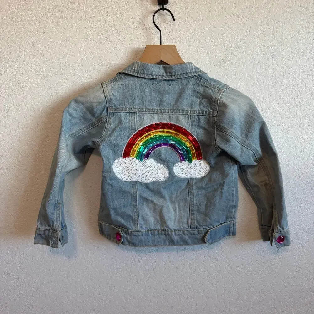 Lola + The Boys Girl's Somewhere Over The Rainbow Sequin Denim Jacket Blue 4